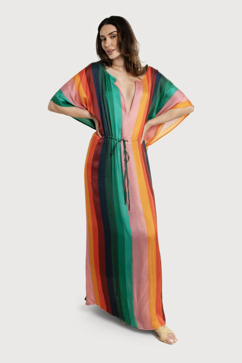 MULTICOLOR STRIPED TIE WAIST KAFTAN