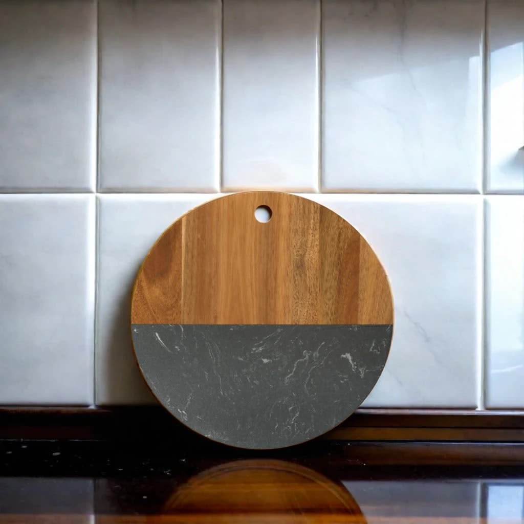 Black Marble and Acacia Wood Round Board - 12"