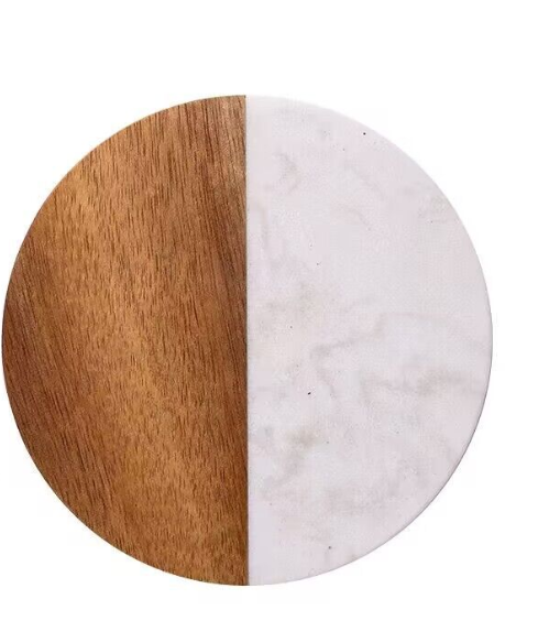 Set Of 4 White Marble and Acacia Wood 4" Round Coasters