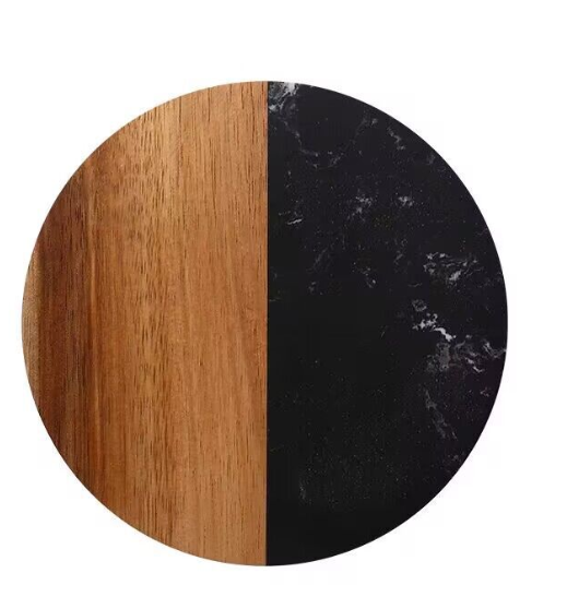 Set Of 4 Black Marble and Acacia Wood 4" Round Coasters