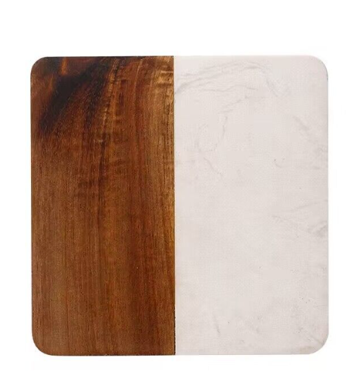 Set Of 4 White Marble and Acacia Wood 4" Square Coasters