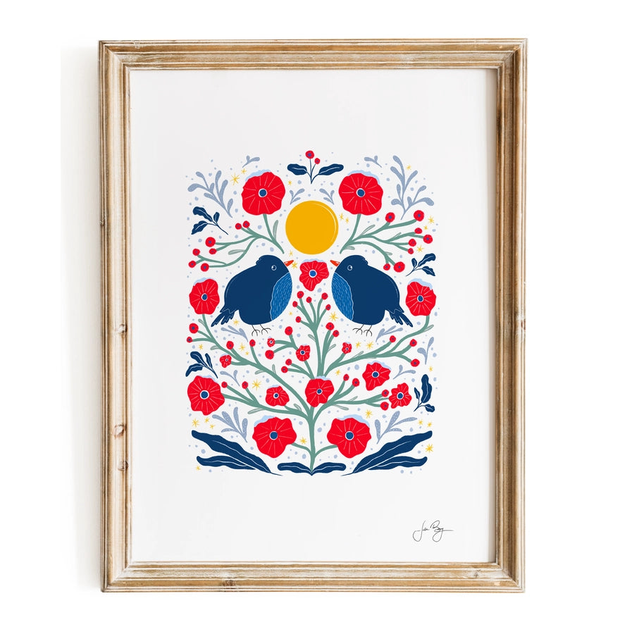 Two Birds in the Bush" Hand-Drawn Eco-Art Print 12x18