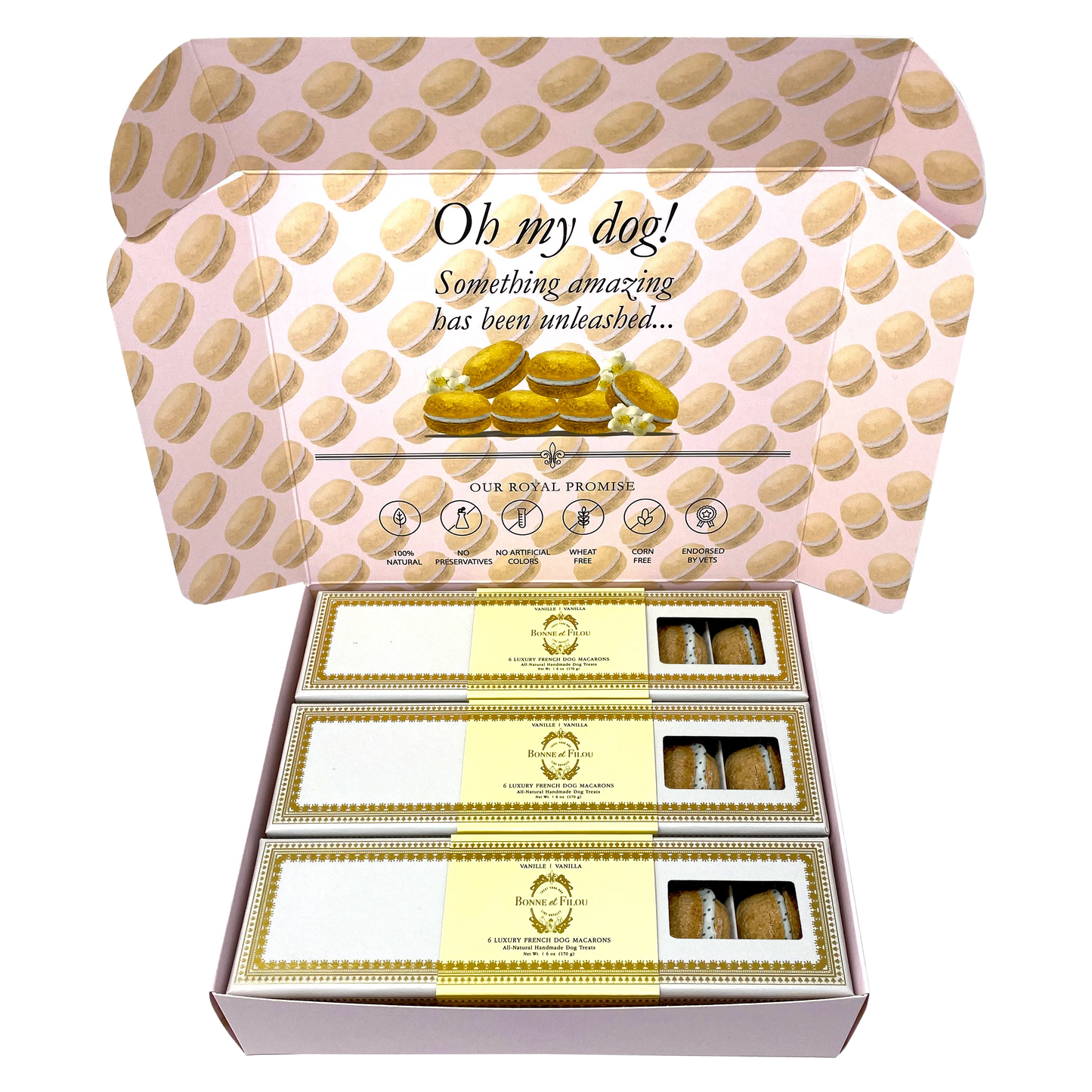 Three boxes of 6-count vanilla dog macarons – delicious and elegant dog treats