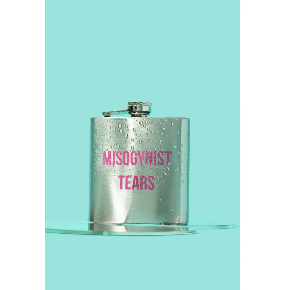 Misogynist Tears Flask in Silver with Pink Lettering