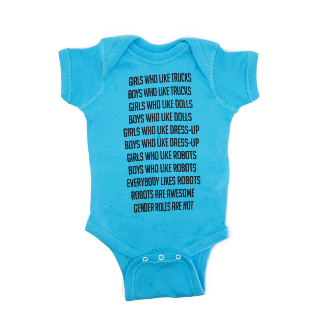 GetBullish Robot Gender Roles Feminist Baby Bodysuit in Bright Aqua | Hand Silk-Screened