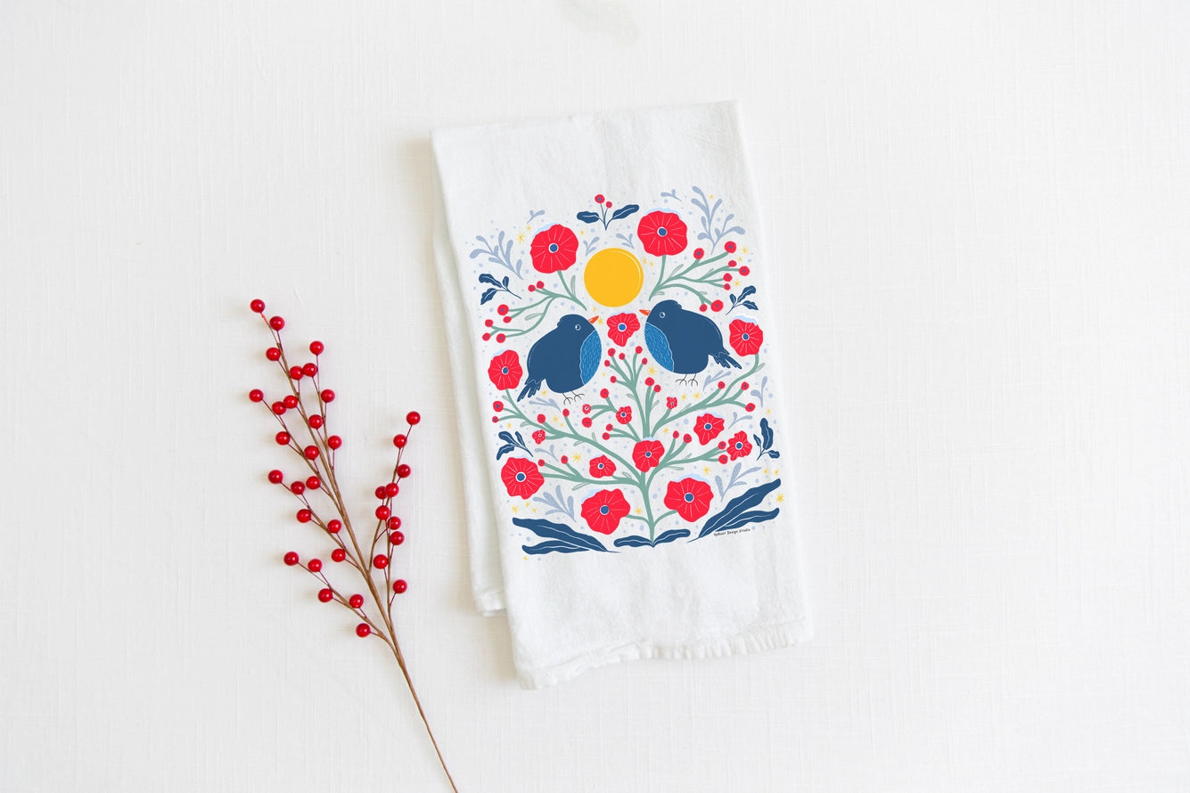 100% Organic Cotton "Two Birds in Bush" Kitchen Tea Towel