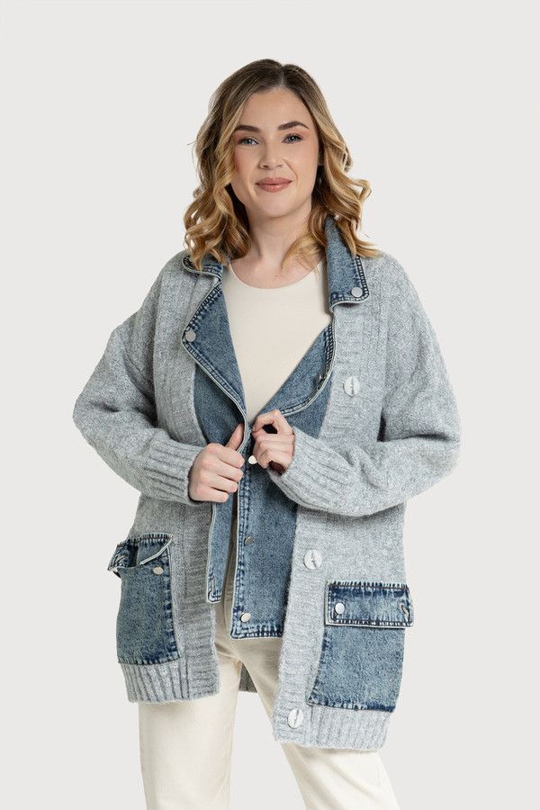 KNITTED DENIM COMBO CARDIGAN