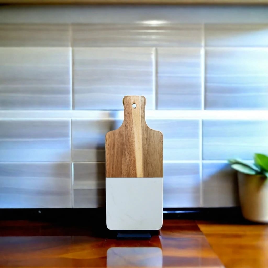 White Marble and Acacia Wood Handled Board