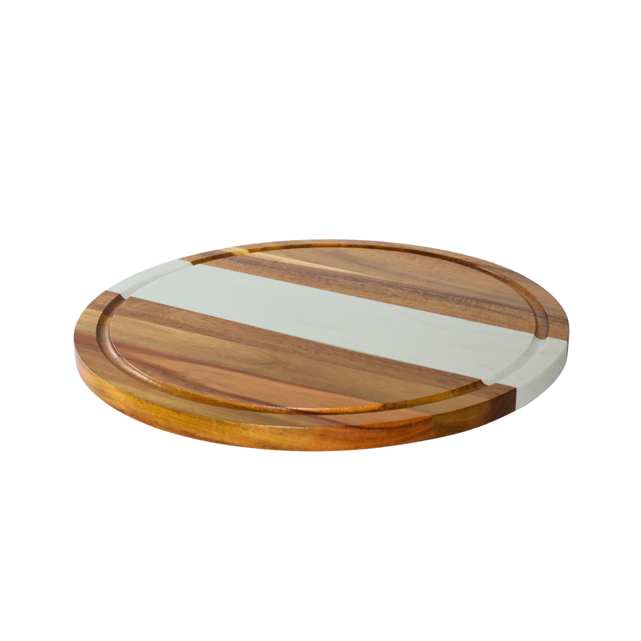 White Marble Stripe and Acacia Wood Round Board - 11