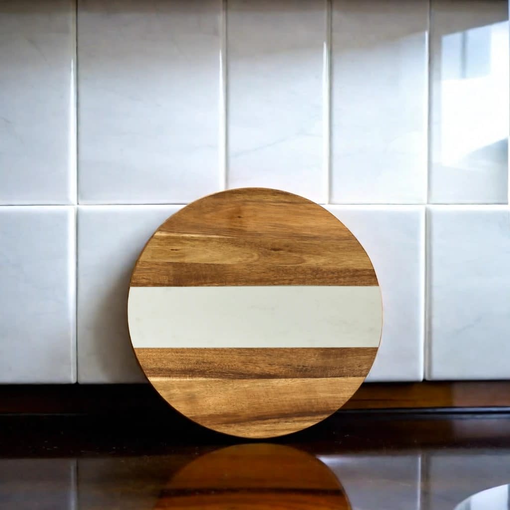 White Marble Stripe and Acacia Wood Round Board - 11