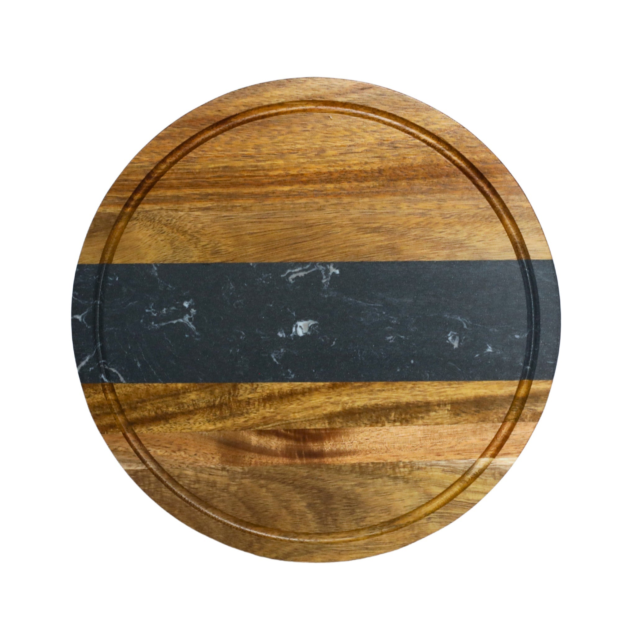 Black Marble Stripe and Acacia Wood Round Board - 11