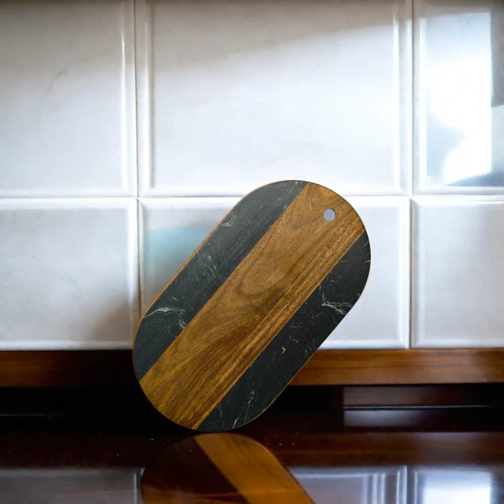 Black Marble and Acacia Wood Oval Board