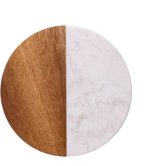 Set Of 4 White Marble and Acacia Wood  4