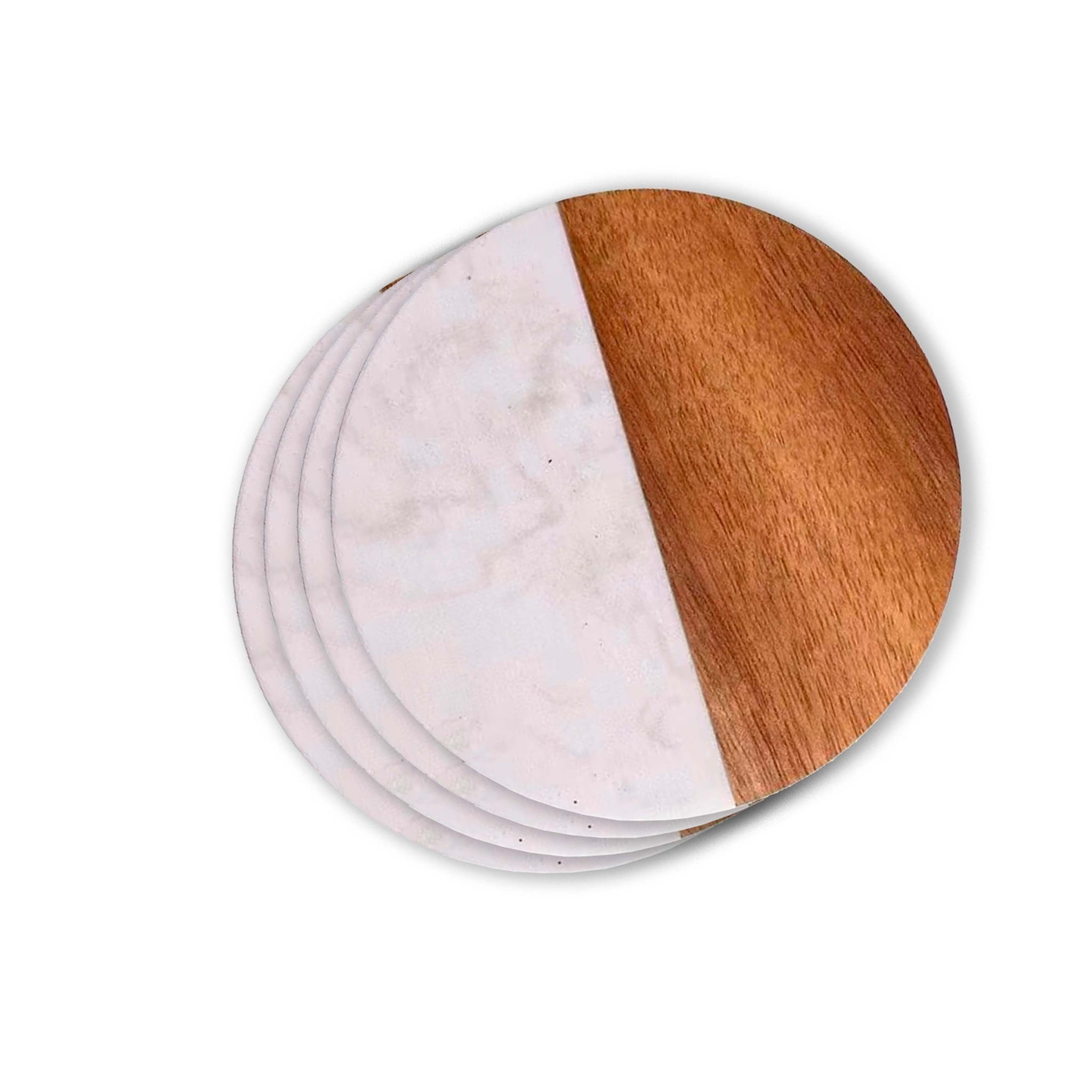 Set Of 4 White Marble and Acacia Wood  4