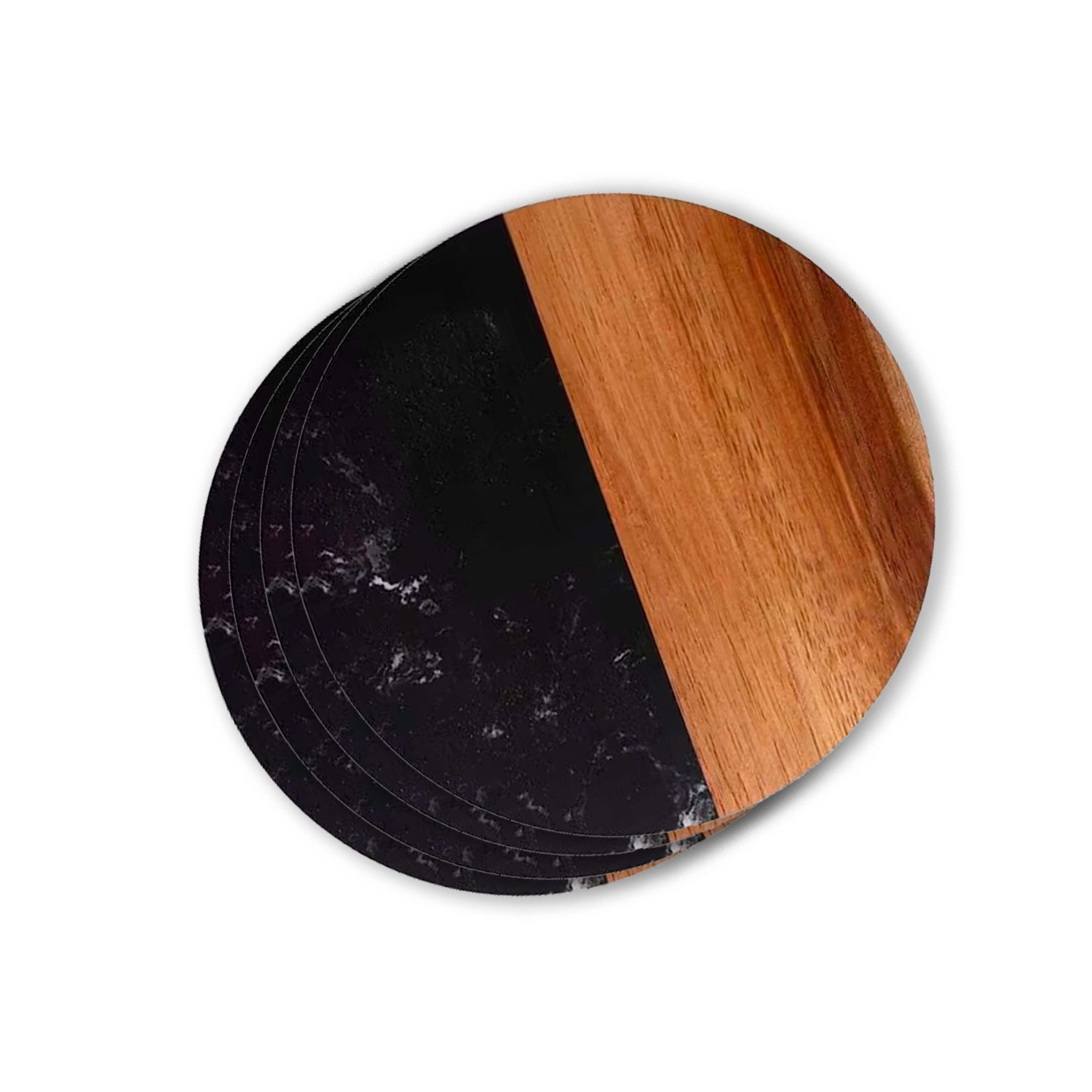 Set Of 4 Black Marble and Acacia Wood  4