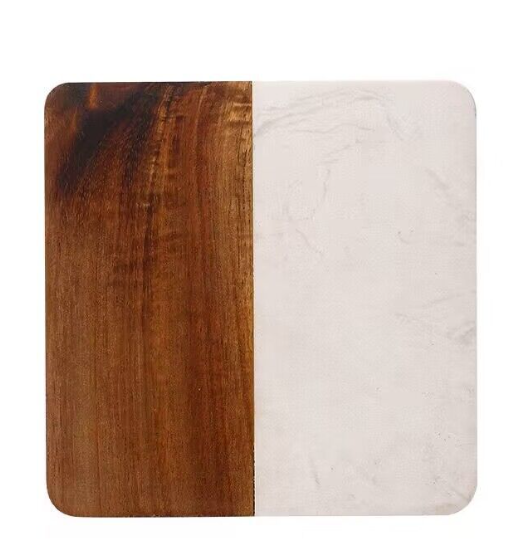 Set Of 4 White Marble and Acacia Wood  4