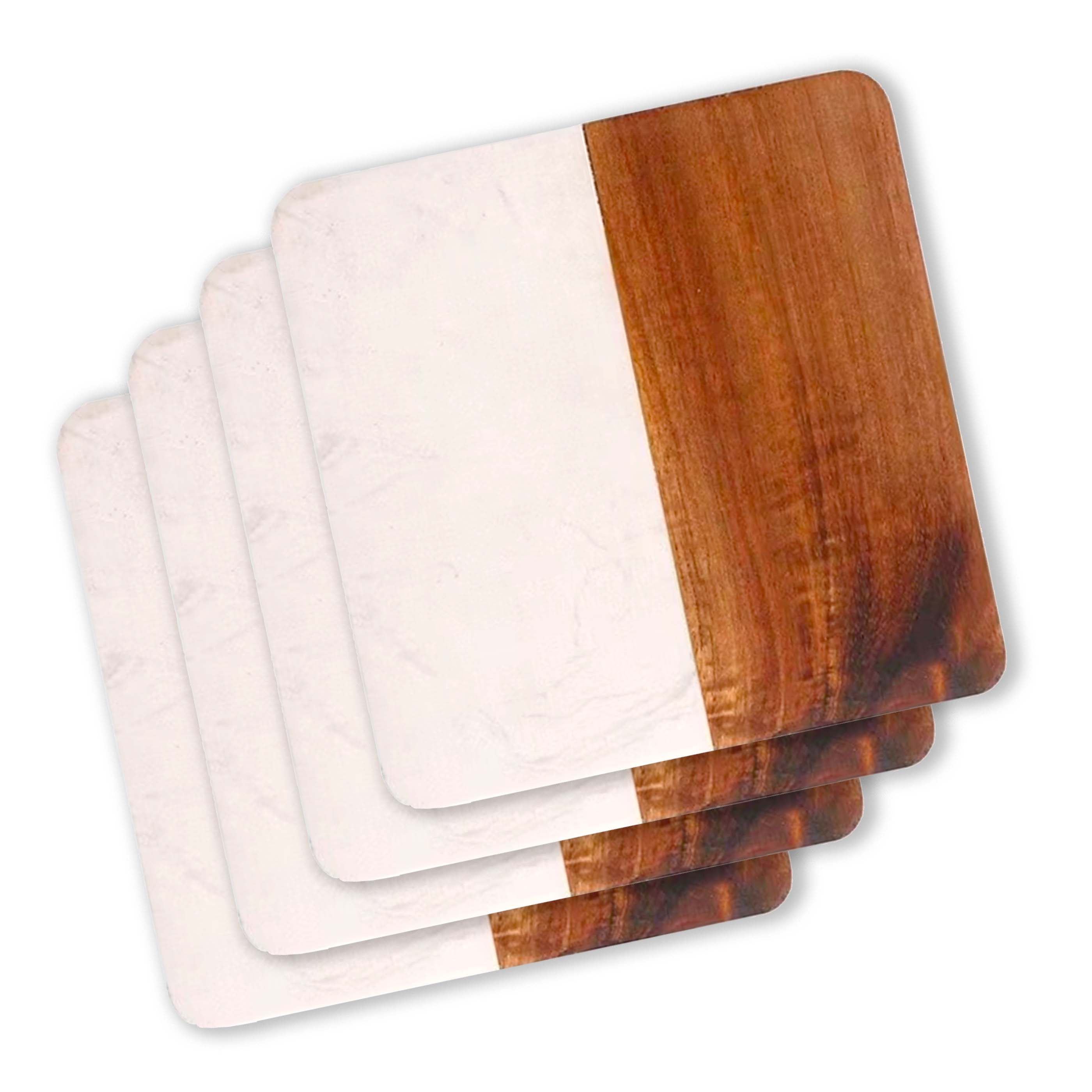 Set Of 4 White Marble and Acacia Wood  4