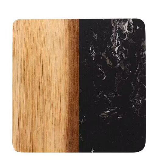 Set Of 4 Black Marble and Acacia Wood  4