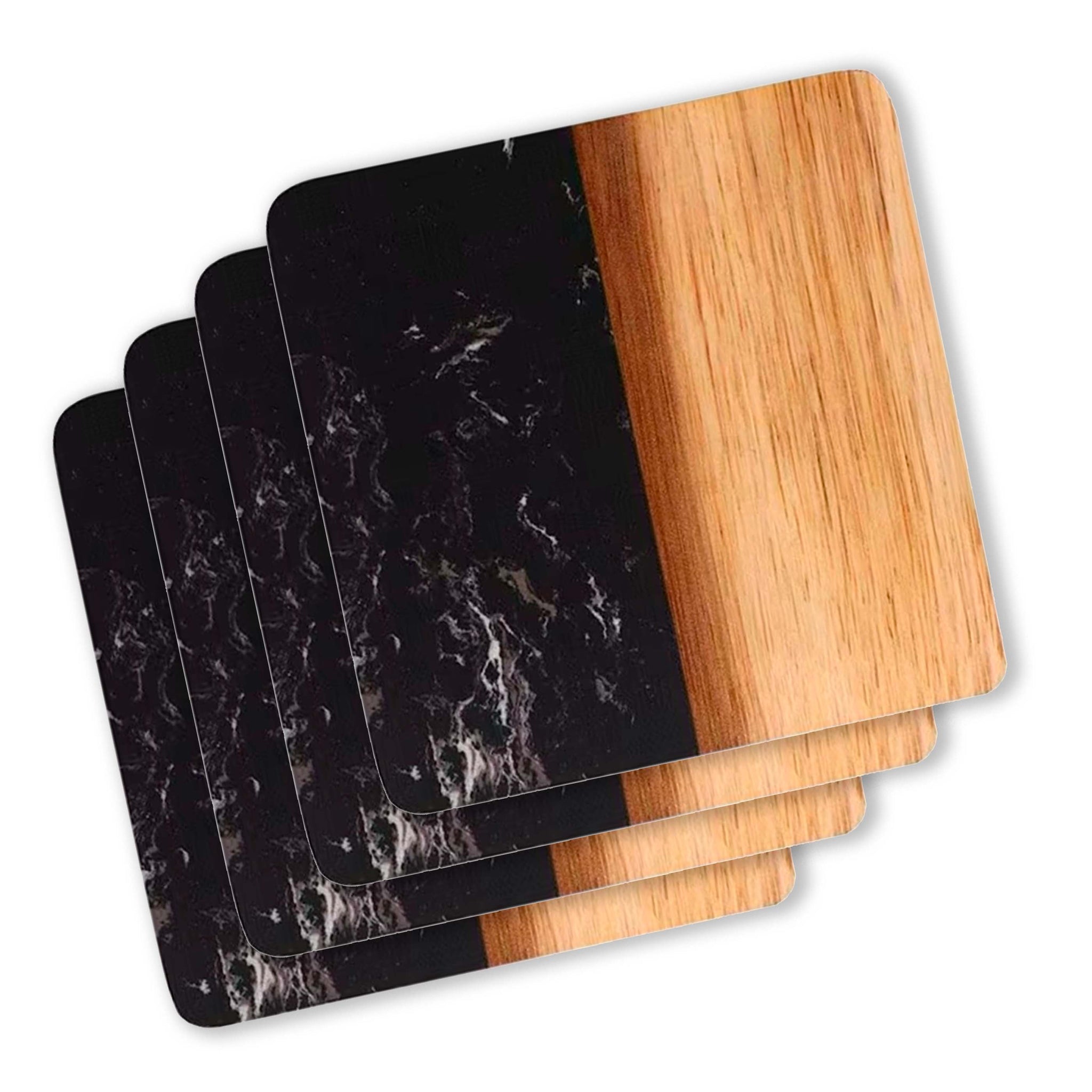 Set Of 4 Black Marble and Acacia Wood  4