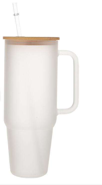 Glass 40 oz. Tumbler with Bamboo Lid, Handle & Straw - Frosted