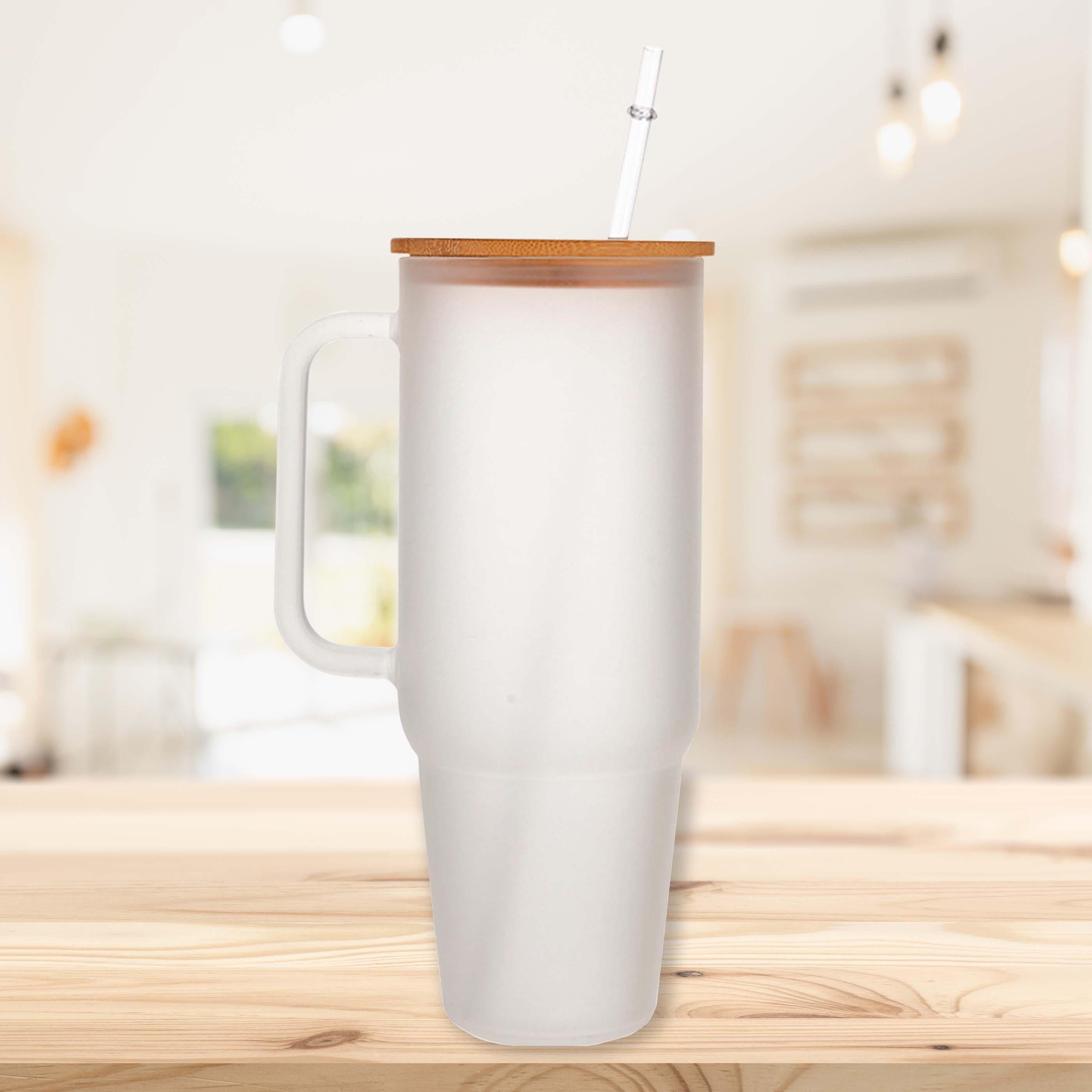 Glass 40 oz. Tumbler with Bamboo Lid, Handle & Straw - Frosted