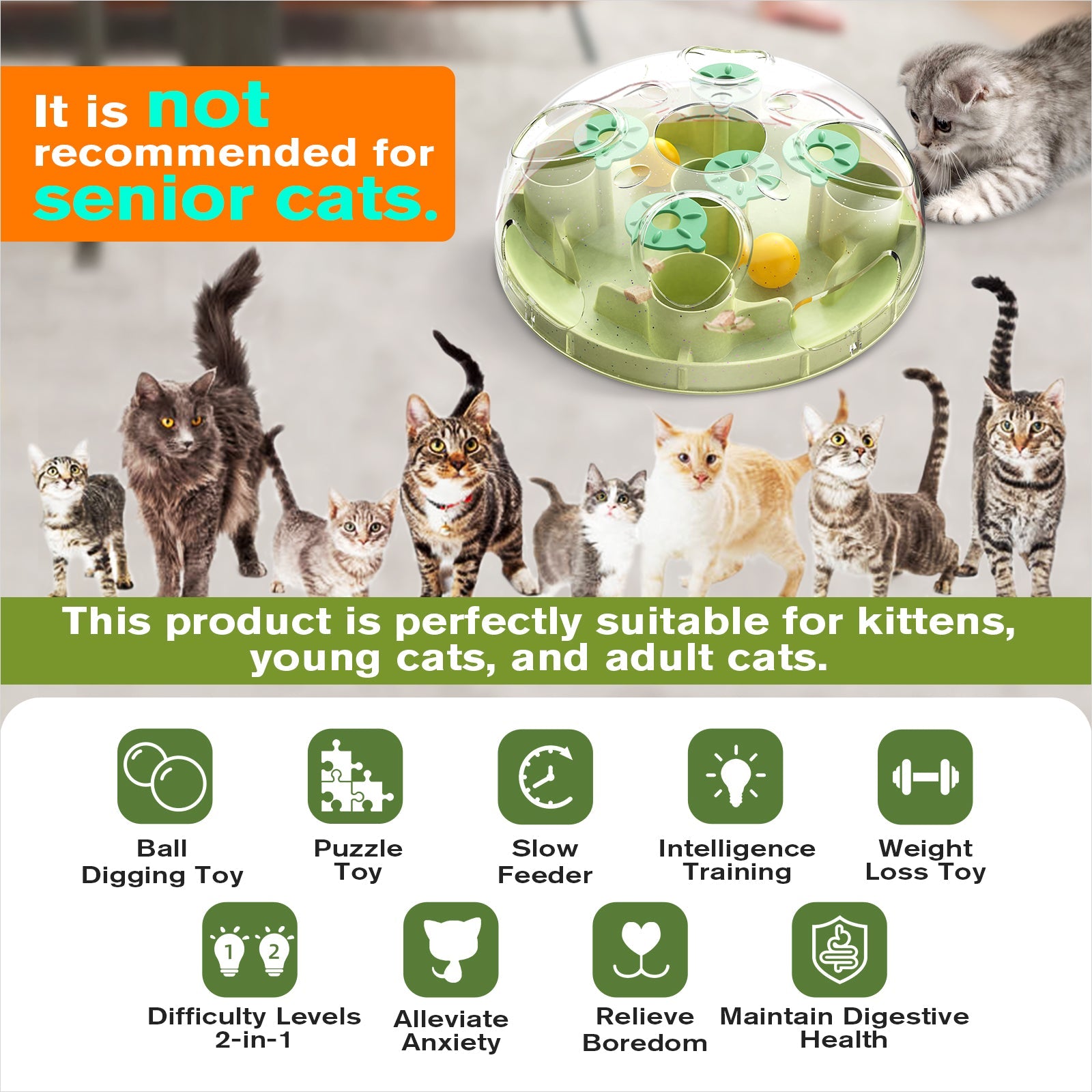 KADTC U.S. Brand & Design - 2 Ways to Play - Large Size Cat Treat Puzzle Toy & Foraging Balls For Indoor Cats Puzzles Feeder Kitten Stimulating Enrichment Food Toys Interactive Christmas New Year Gift
