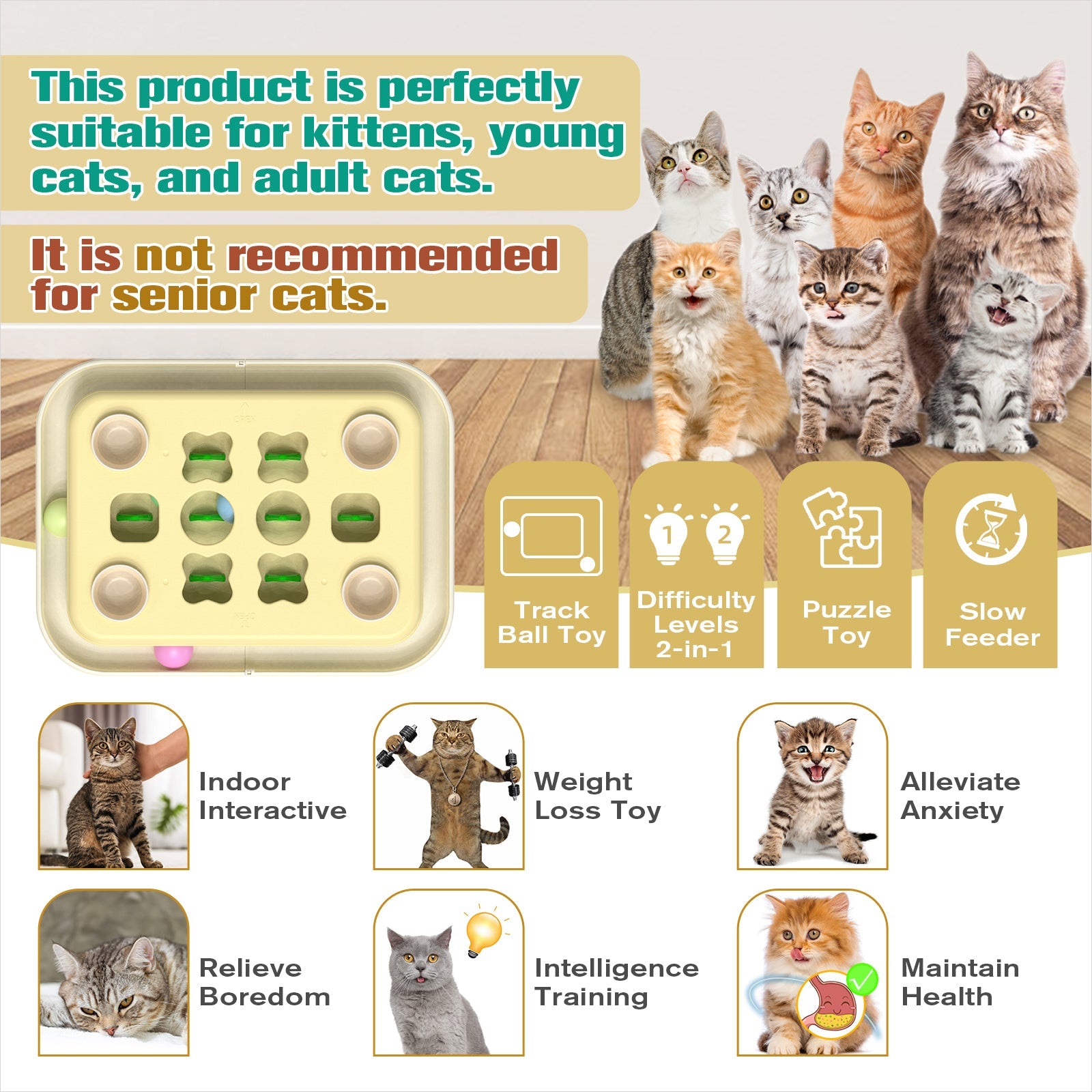 KADTC Cat Puzzle Games Level 3 in 1 Intelligence Mind Game Track Balls Kitten Food Puzzles Toy For Indoor Cats Sensory Activity Enrichment Toys Treat Feeder Entertainment Mental Stimulation Kitty Gift