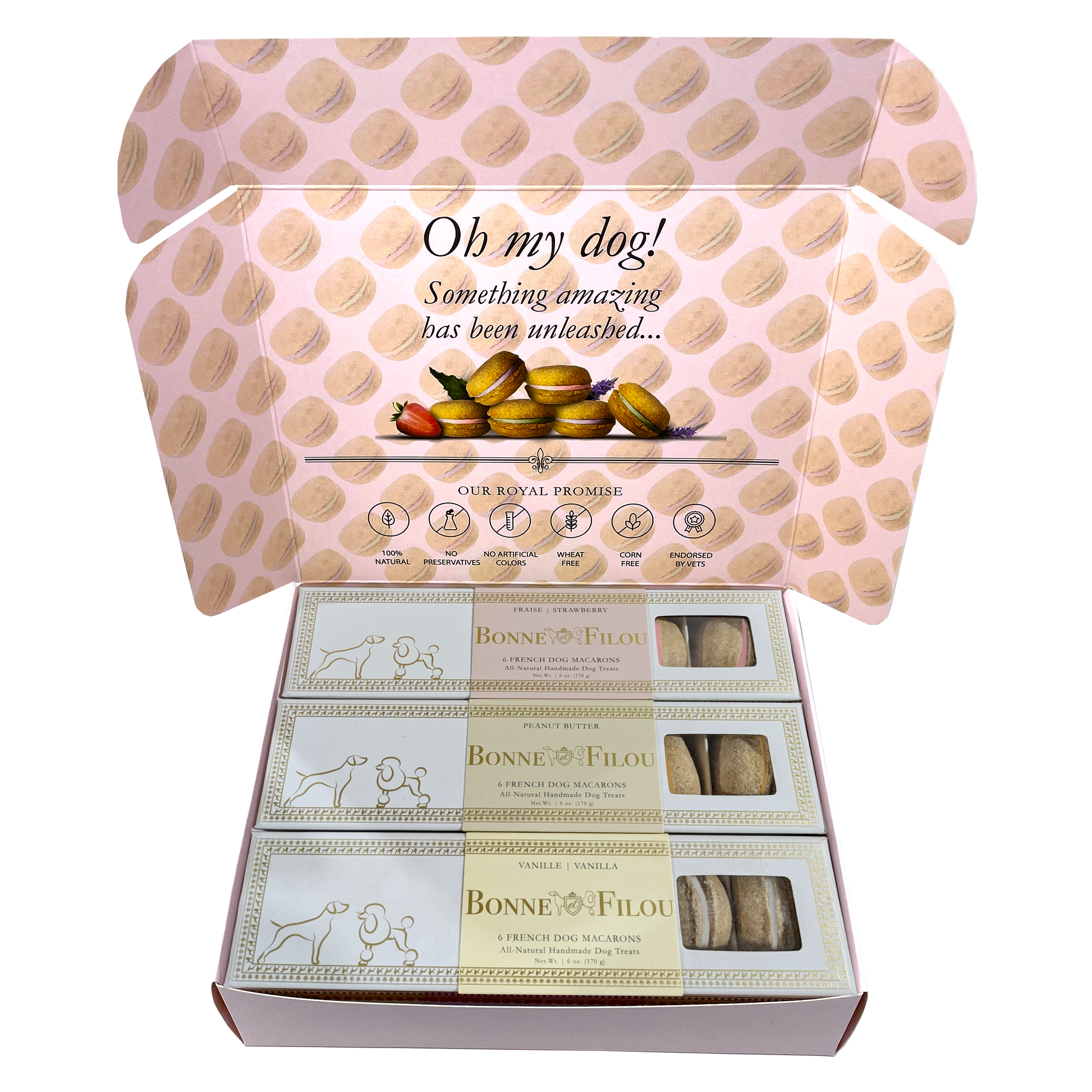 Dog macaron combo with strawberry, peanut butter, and vanilla flavors – delicious variety for pups