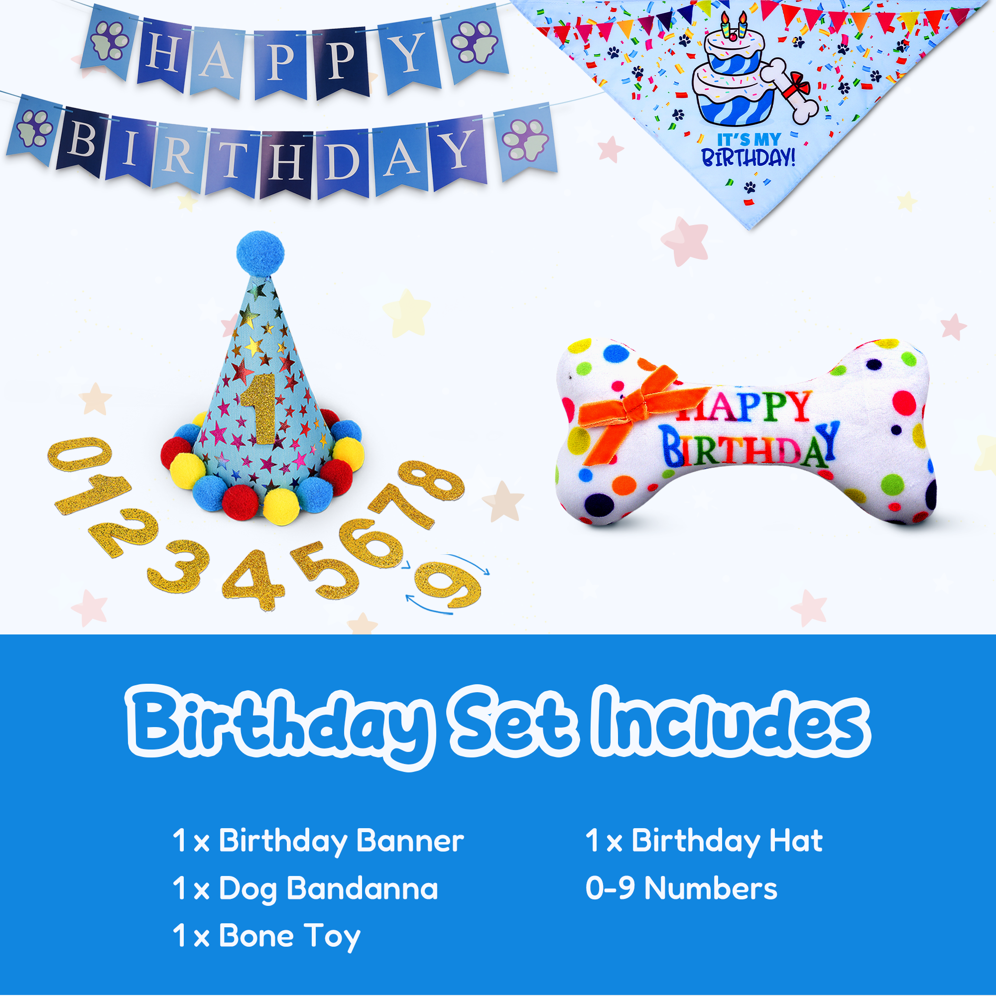 Dog Birthday Party Set - Blue Stars