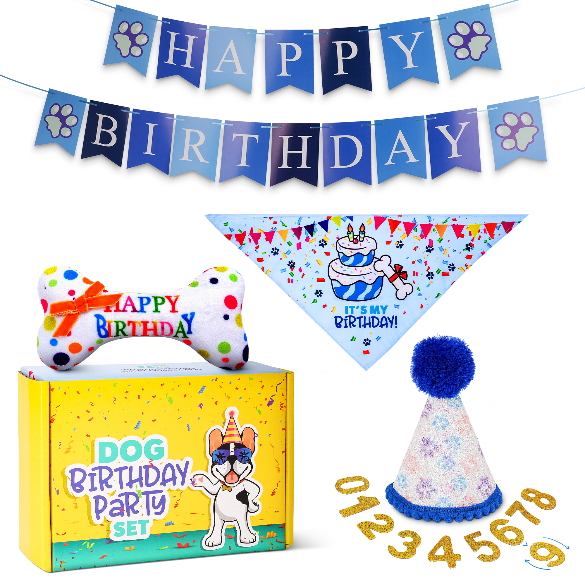 Dog Birthday Party Set - Blue Sparkly Paws