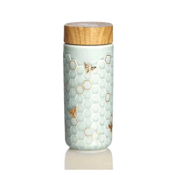 Honey Bee Ceramic Travel Mug / Gold in Mint Green