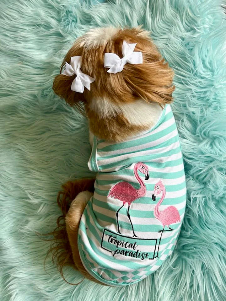 Parisian Pet 'Flamingos' Dog Shirt – Lightweight & Breathable Summer Outfit for Small Dogs & Cats, Light Blue and White Stripes
