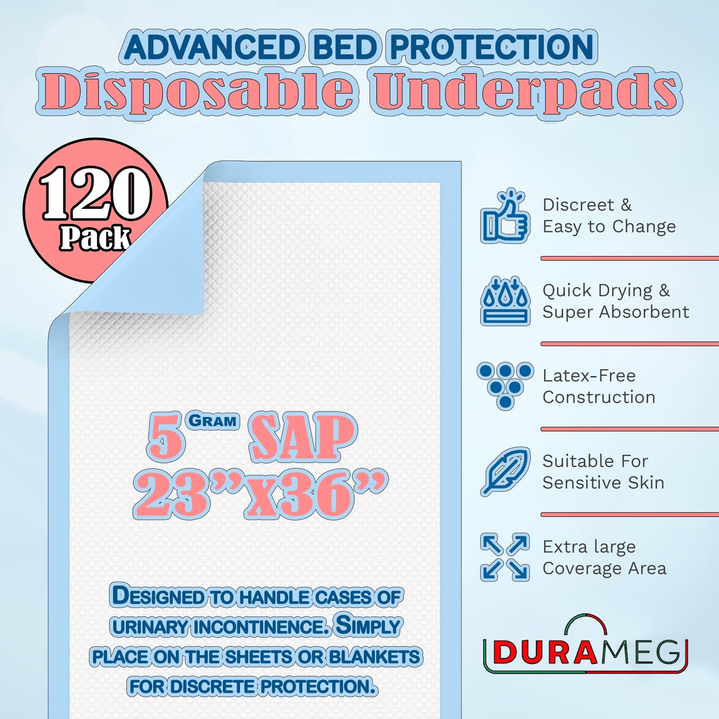Chucks Pads Disposable Underpads | 23"x36" Incontinence Chux Pads 5g SAP [120-Pads: 4 Pack of 30]