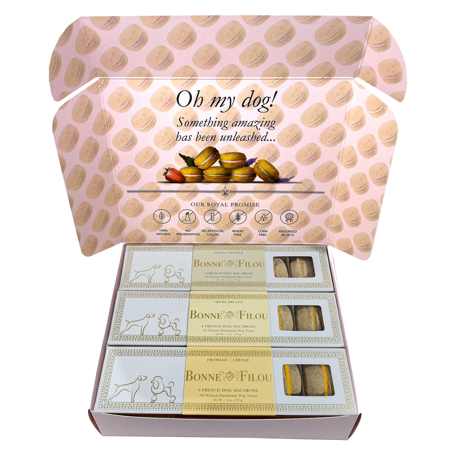 Three-box combo of 6-count dog macarons in peanut butter, creme brulee, and cheese flavors – a gourmet treat variety for dogs