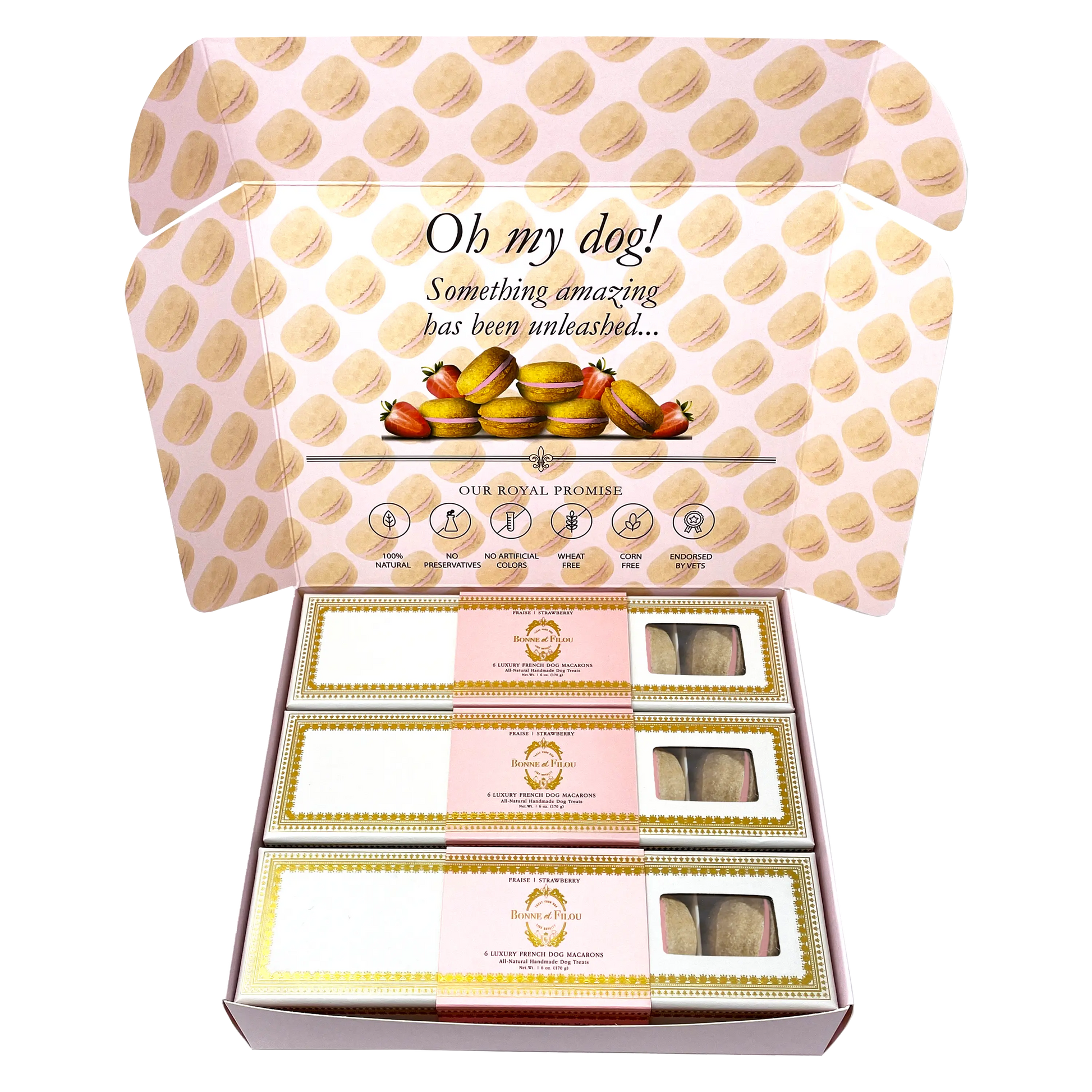 Three boxes of 6-count strawberry dog macarons – gourmet treats for dogs