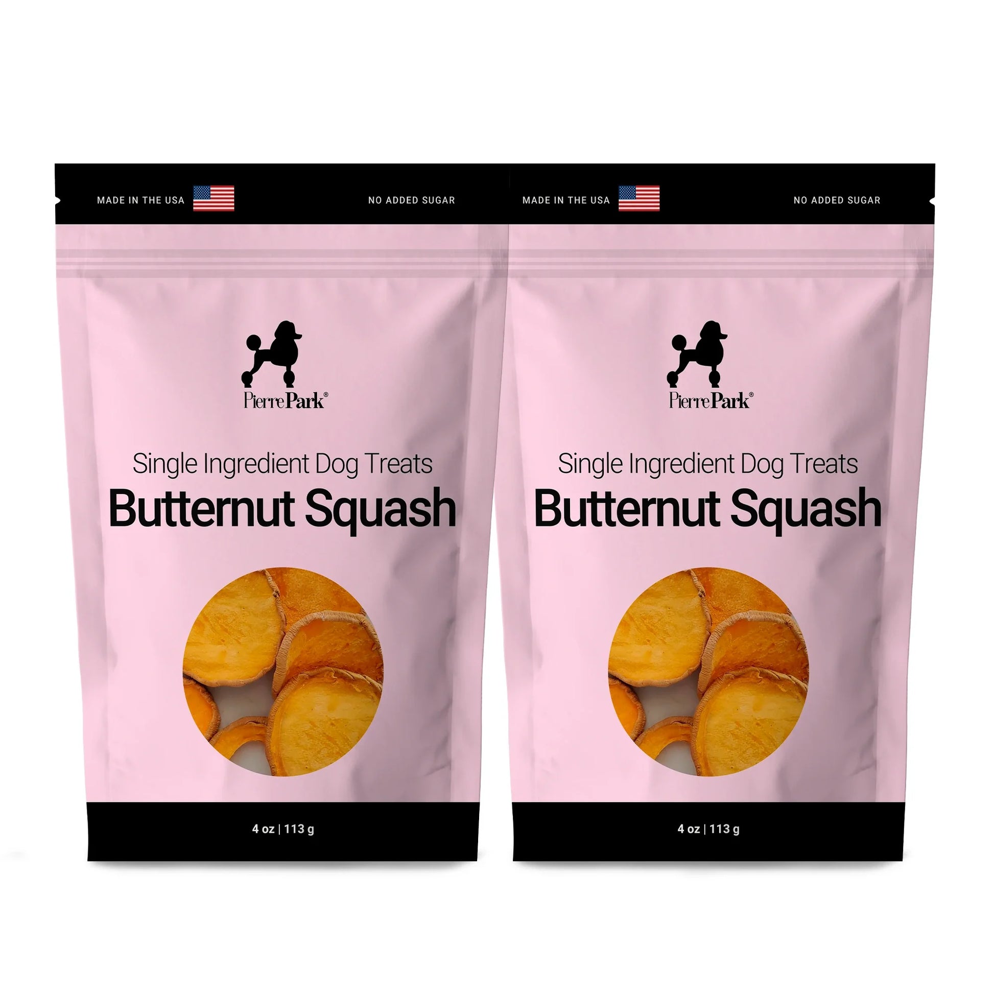 Two-pack of PierrePark butternut squash single ingredient dog treats in pink packaging, each bag marked Made in the USA and No Added Sugar. The bags feature a clear window displaying the sliced butternut squash treats, emphasizing the single-ingredient, healthy snack option for dogs.