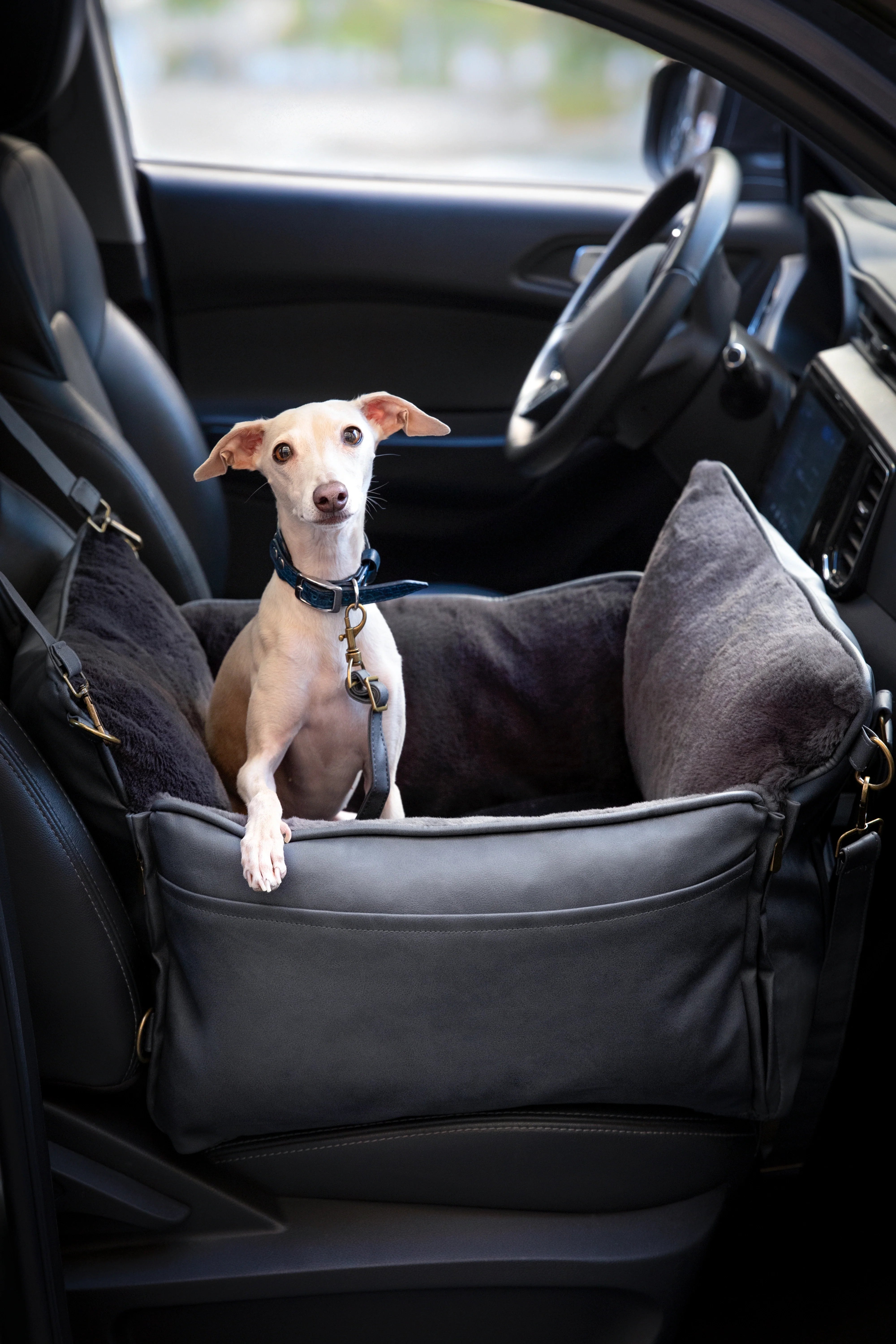 Dog Car Seat Carrier Orthopedic Crushed Foam, Black, Vegan Leather