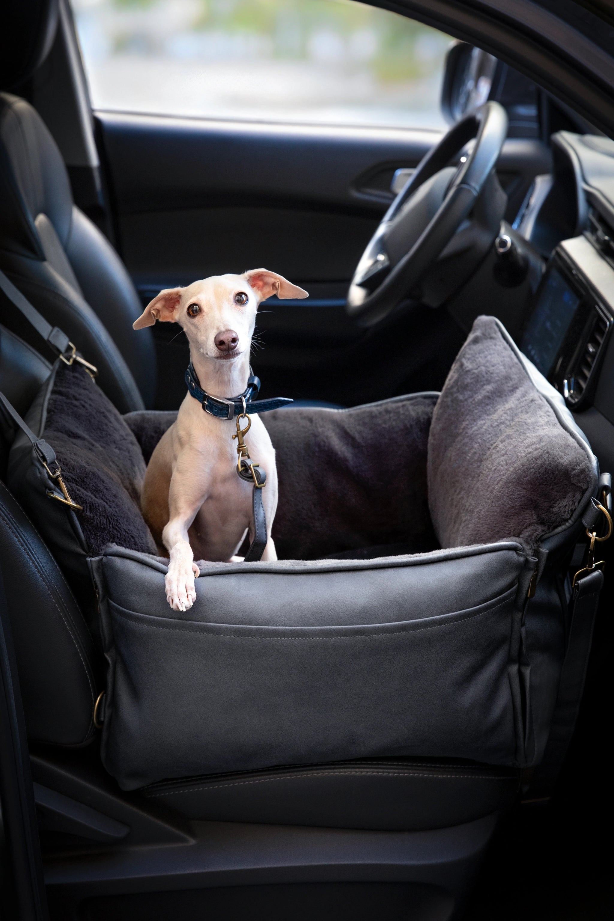 Dog Car Seat Carrier Orthopedic Crushed Foam, Black, Vegan Leather