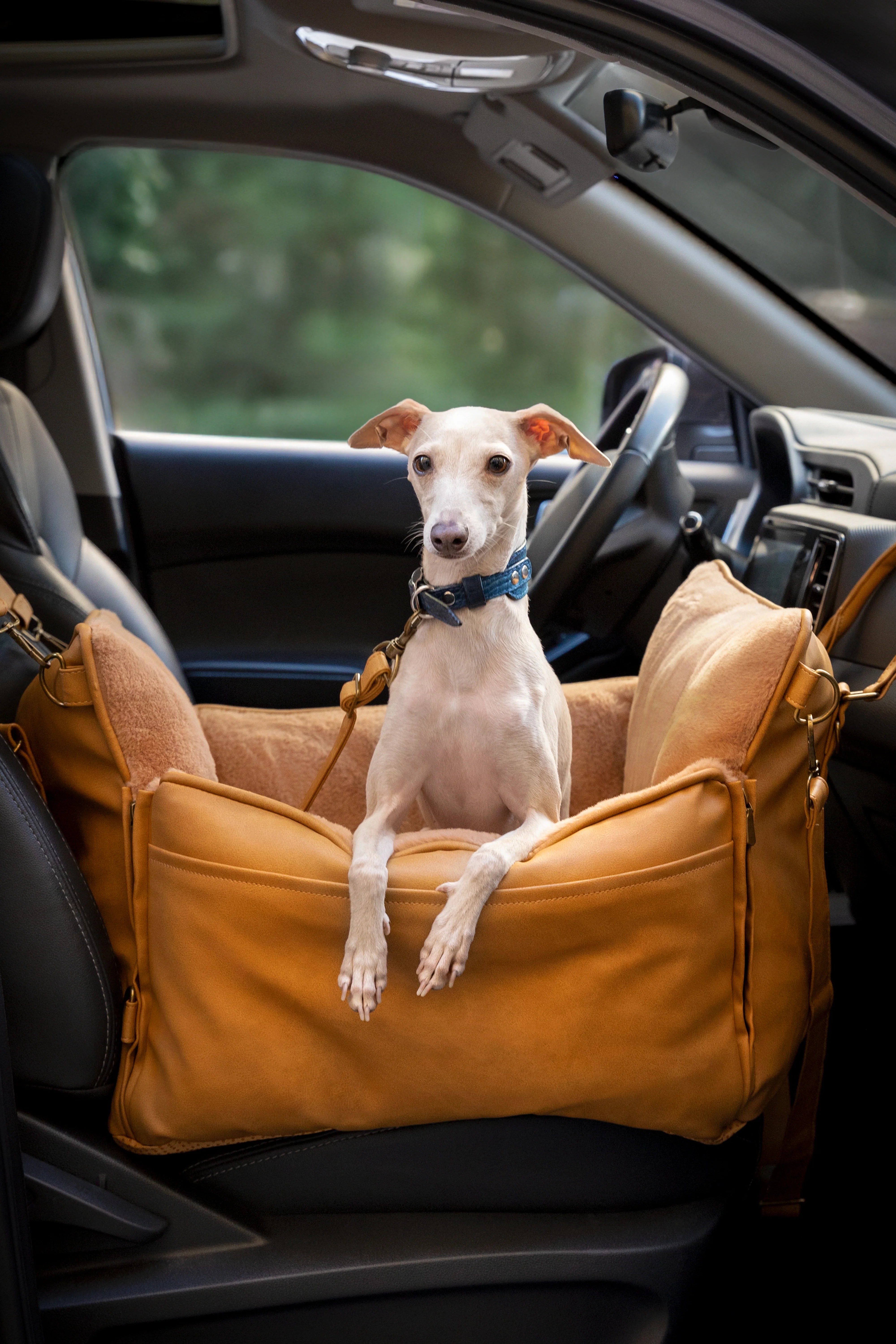 Dog Car Seat Carrier Orthopedic Crushed Foam, Camel, Vegan Leather