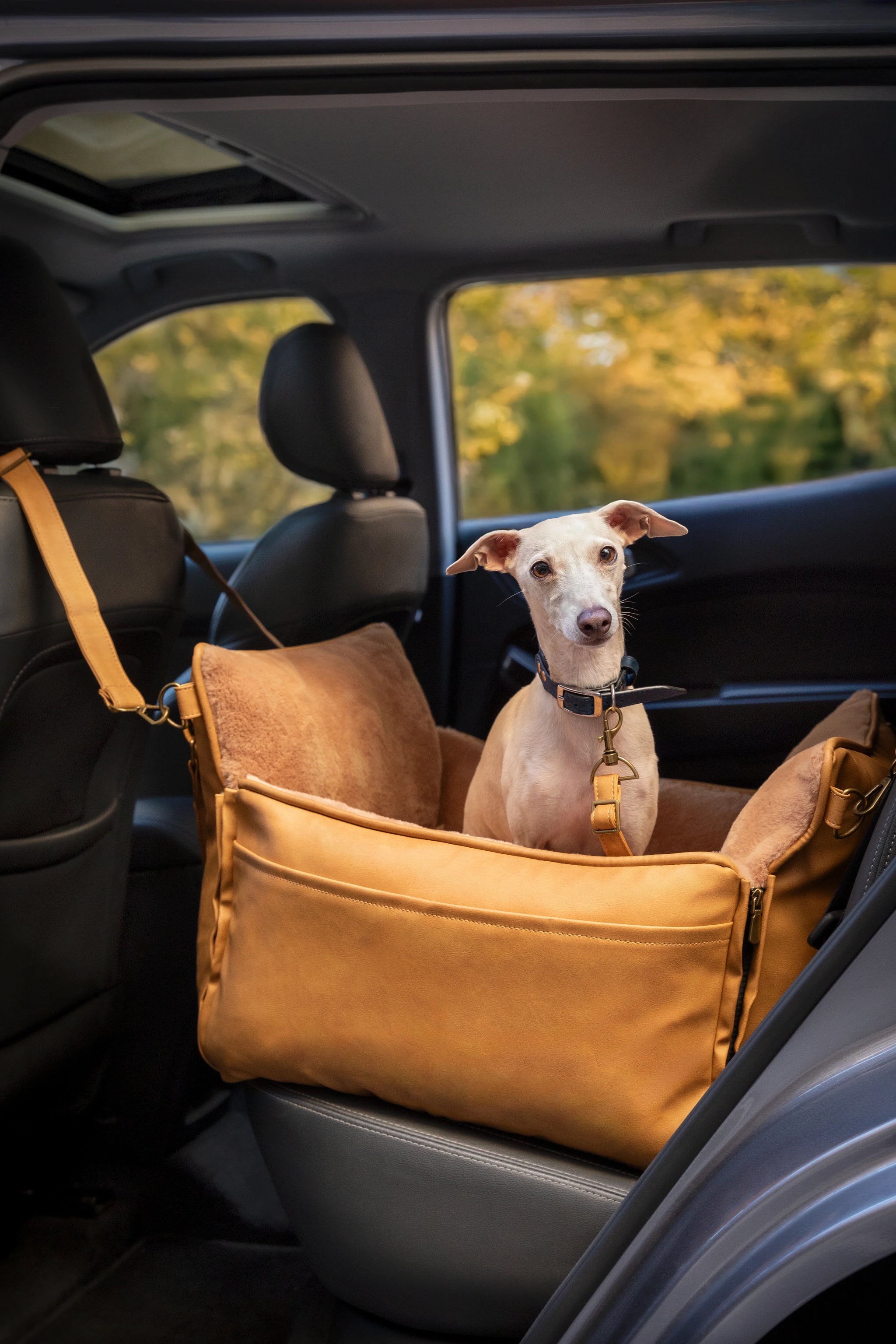 Dog Car Seat Carrier Orthopedic Crushed Foam, Camel, Vegan Leather