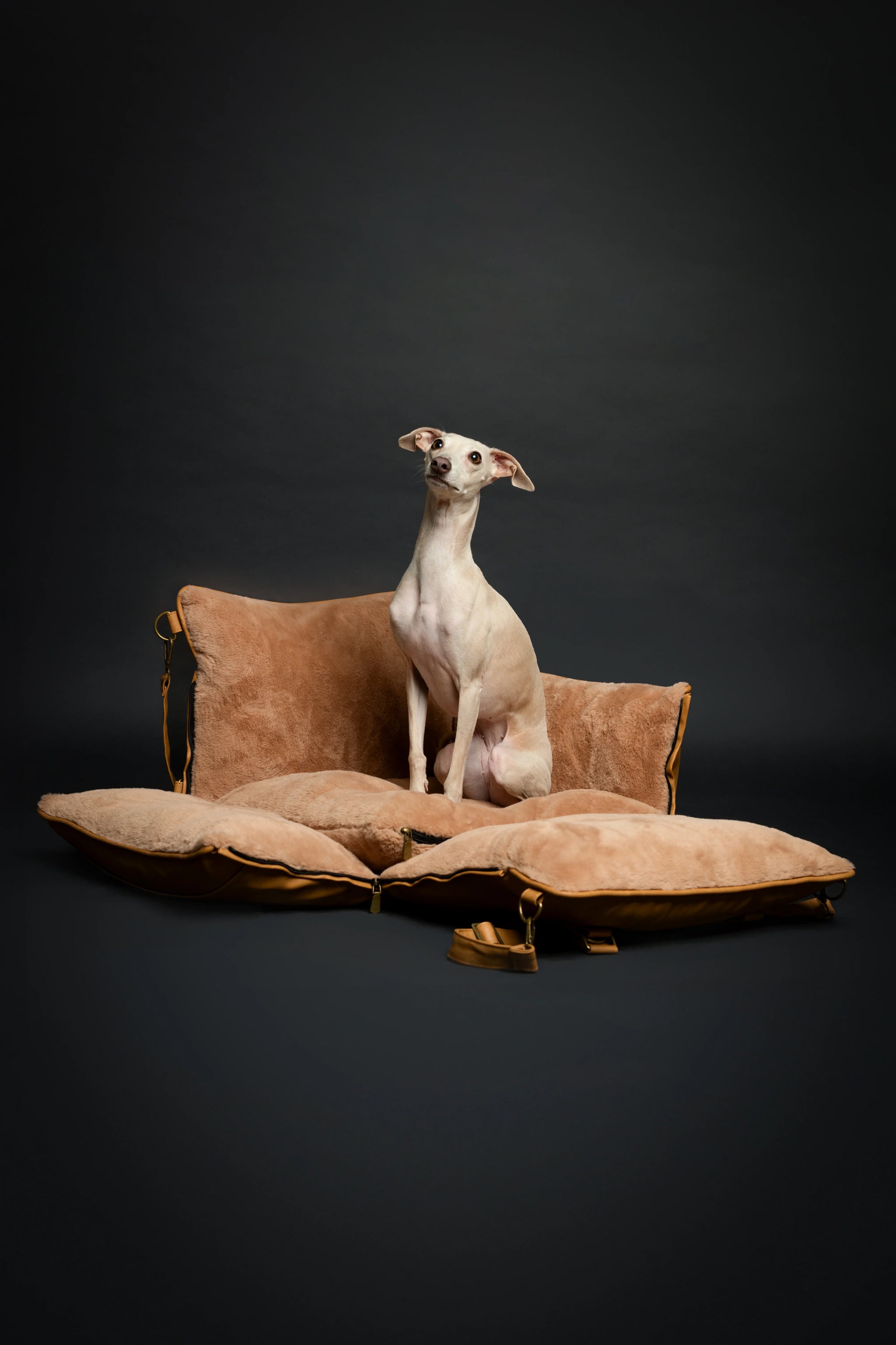 Dog Car Seat Carrier Orthopedic Crushed Foam, Camel, Vegan Leather