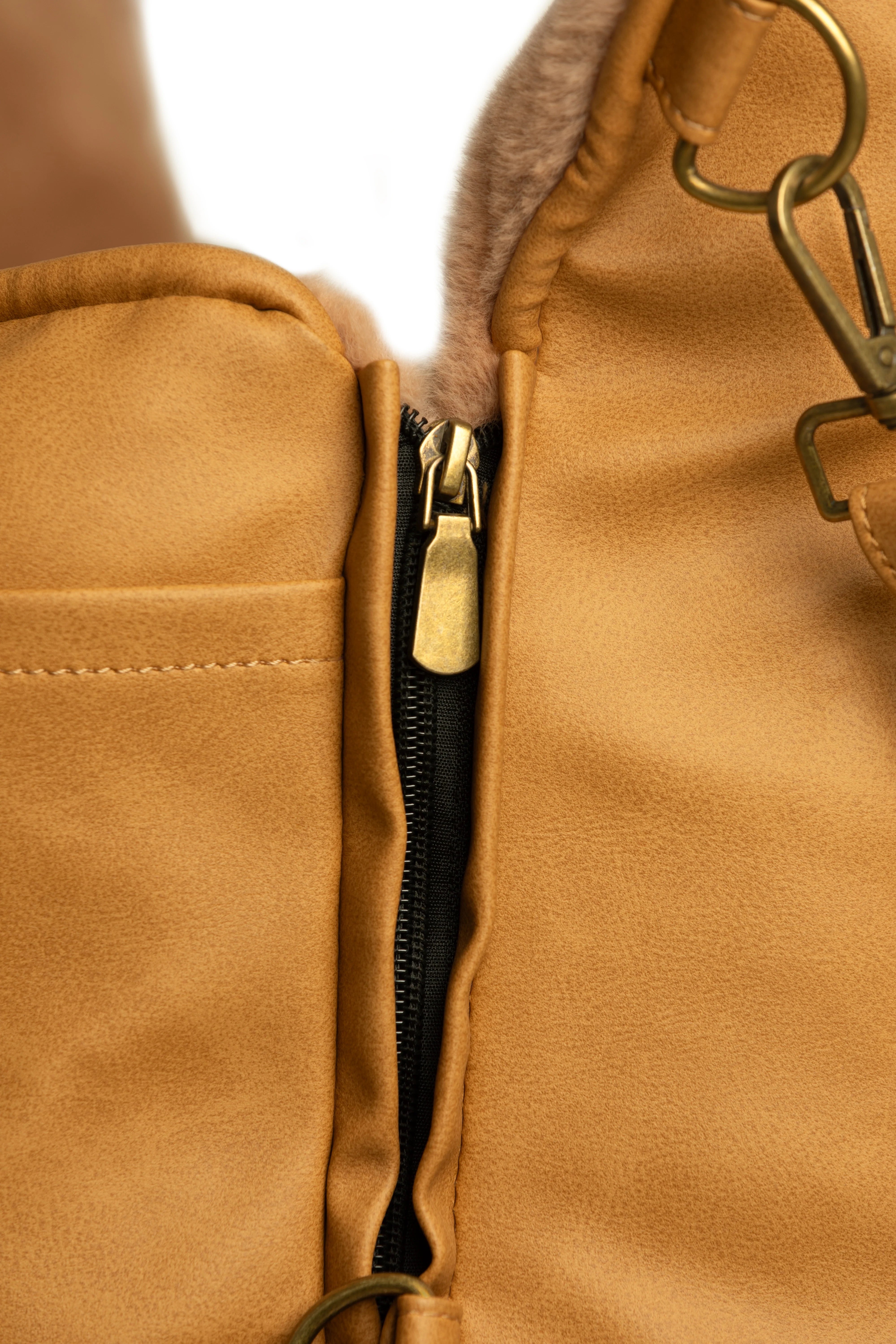 Dog Car Seat Carrier Orthopedic Crushed Foam, Camel, Vegan Leather