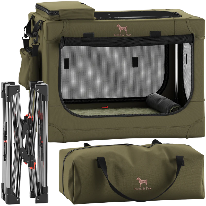 Collapsible Dog Crate Including Pet Mat Ideal for Traveling (Patented Folding)