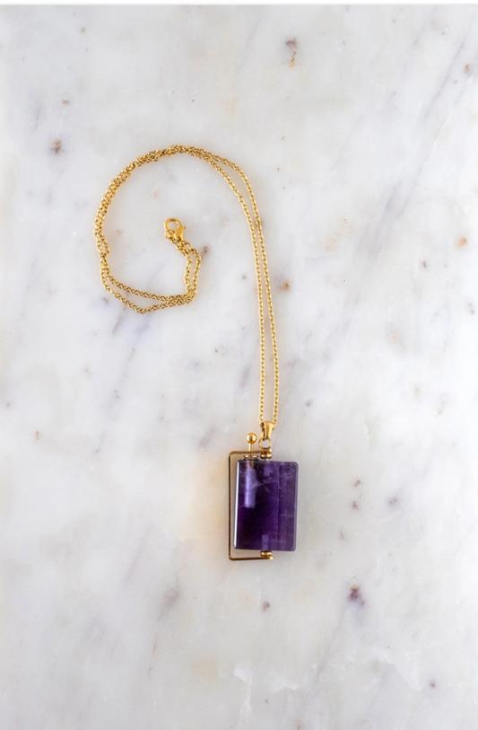 Amethyst Crystal Pendant + Perfume Holder + 18k Gold 26"