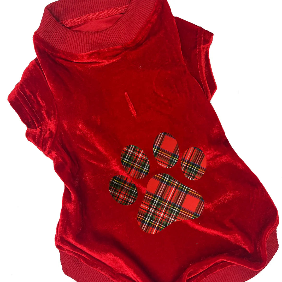 Holiday Plaid Paw Red Velvet Fleece
