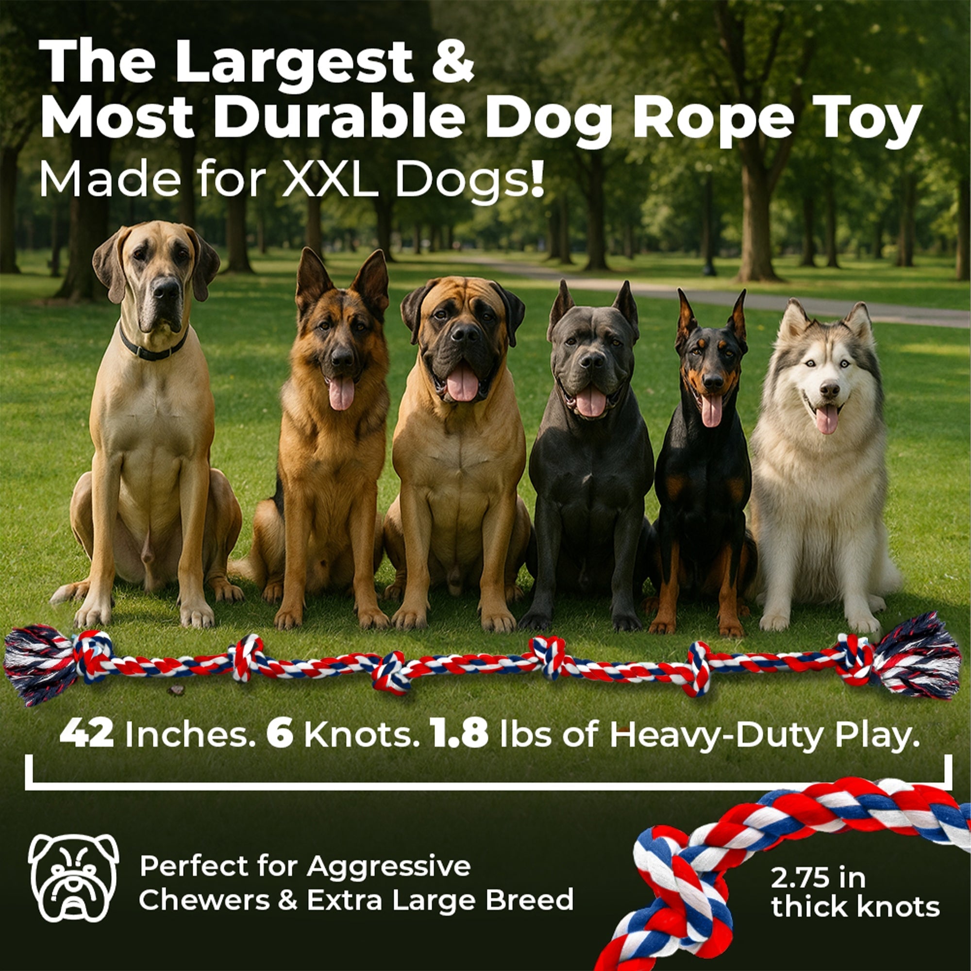 XXL 6 Knot Giant Dog Rope (for XL and XXL Dogs) - 2 PACK, Red
