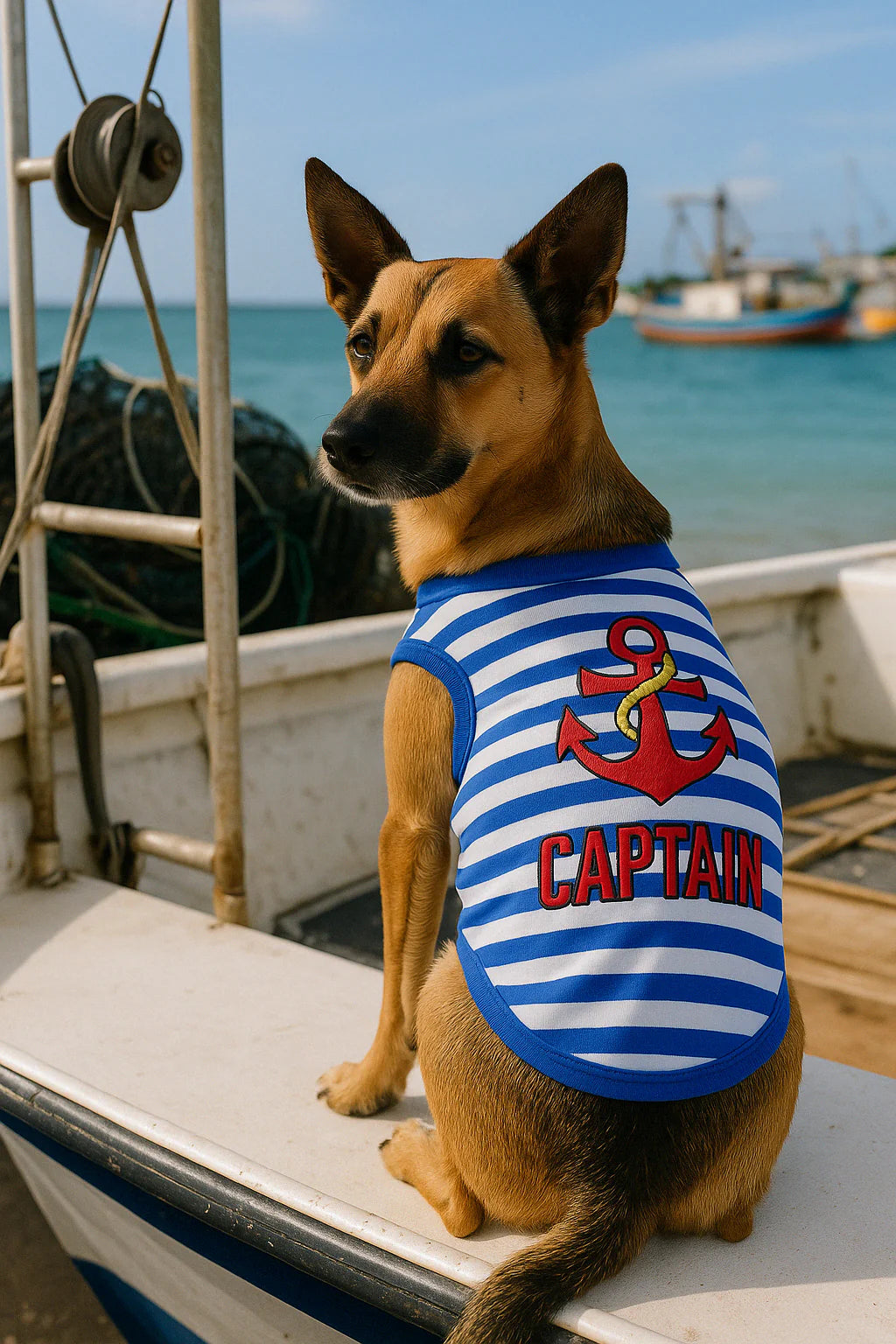 Parisian Pet 'Captain' Fun Sailor Dog Outfit – Soft and Breathable Nautical Pet Wear for Small Dogs & Cats, Blue & White Stripes