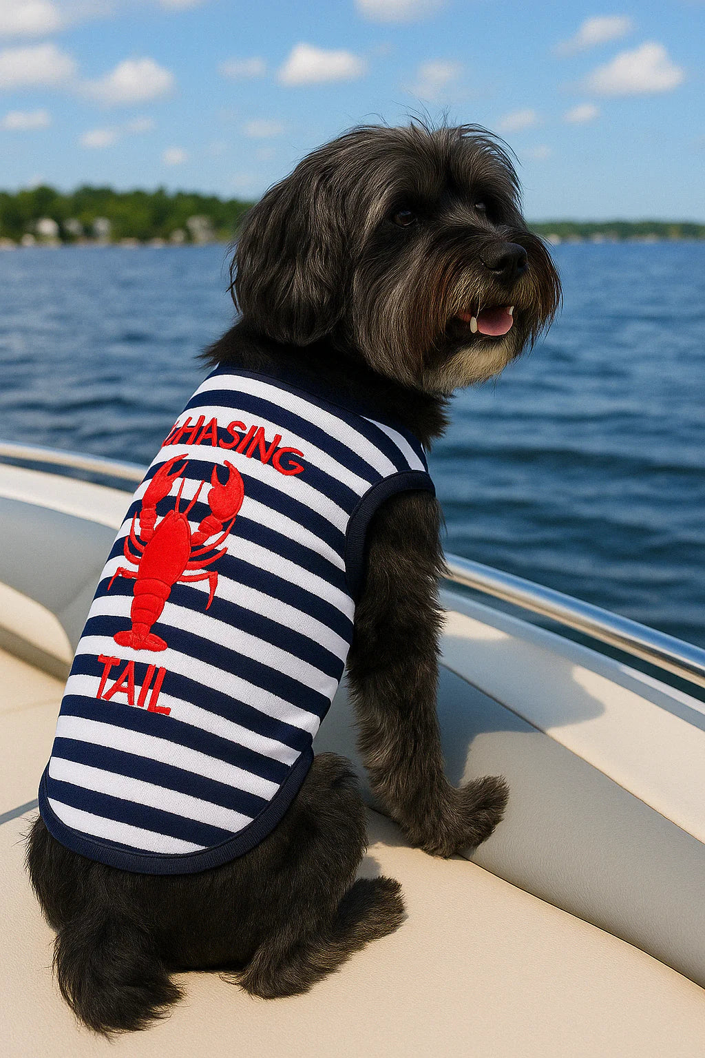 Parisian Pet 'Lobster Chasing Tail' Dog Shirt – Nautical Cotton Pet T-Shirt for Dogs & Cats, Blue & White Stripes