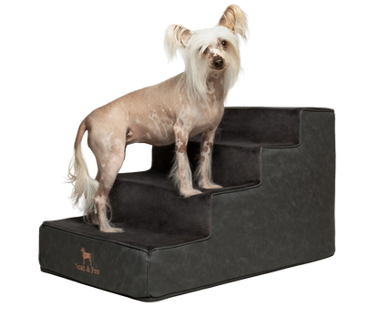Luxury Dog Stairs For Bed | Faux Leather Pet Steps - Black - 4 Steps