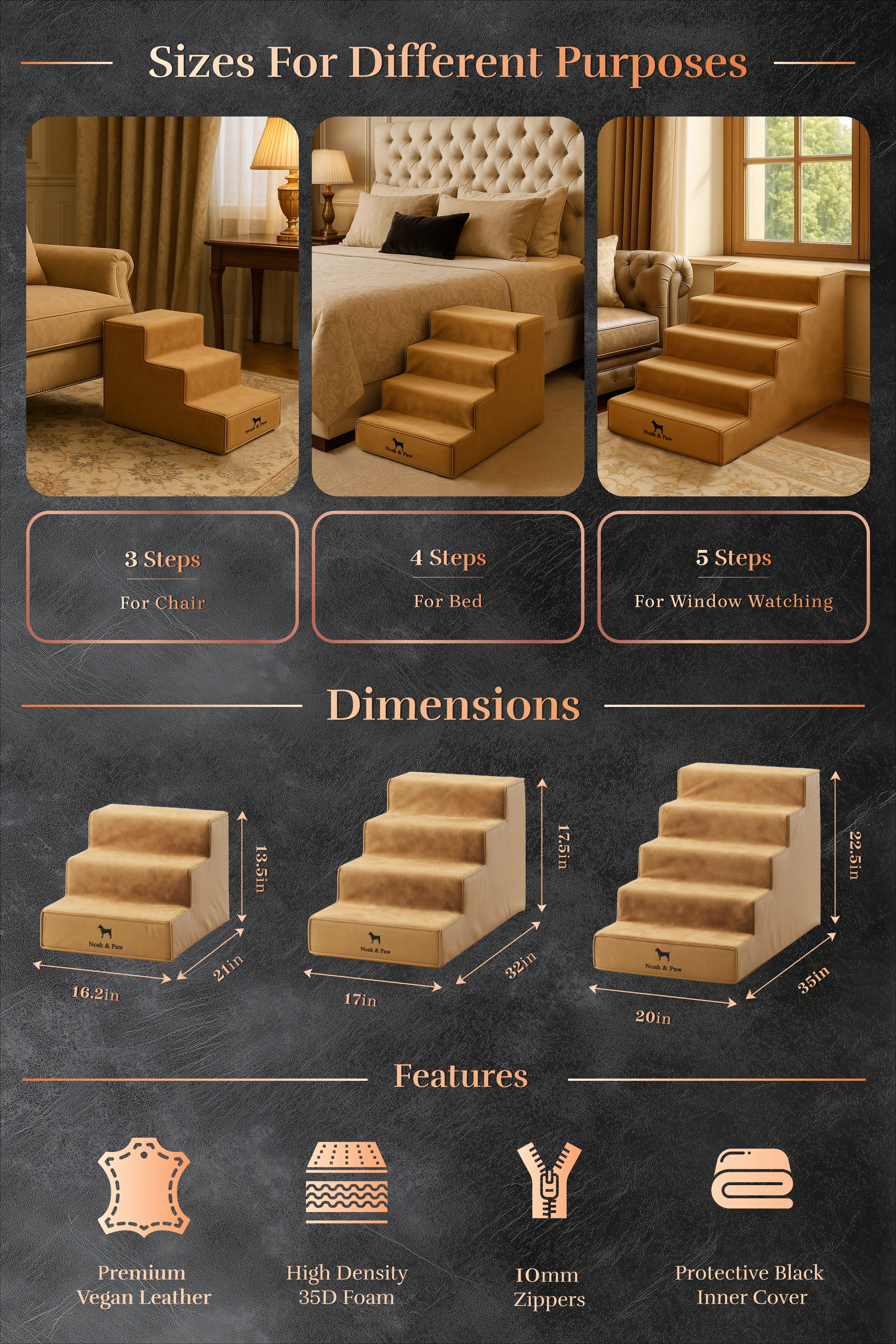 Luxury Dog Stairs for Bed, Faux Leather Collection, Camel